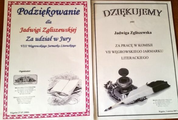 Dwa podziękowania za pracę w konkursowym jury Węgrowskiego Jarmarku Literackiego dla Jadwigi Zgliszewskiej