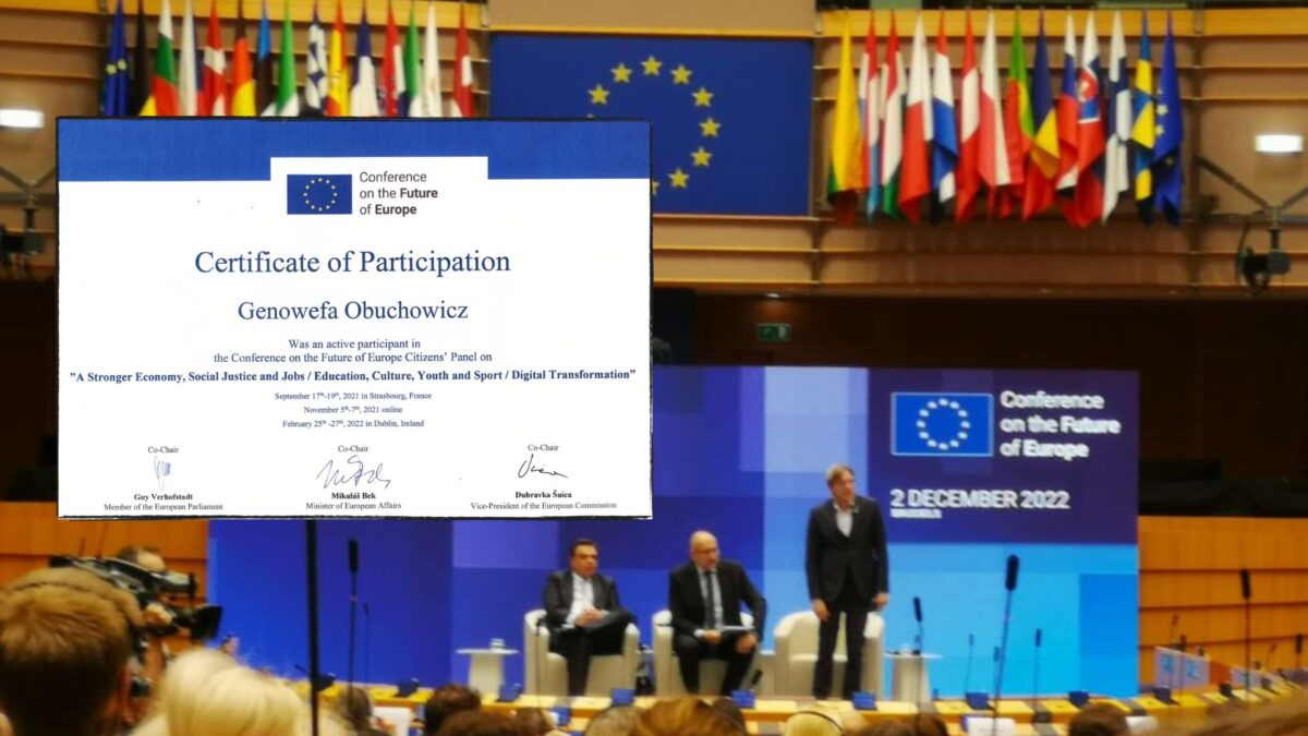 Certyfikat uczestnictwa w konferencji w sprawie prztszłości Europy