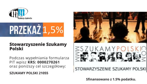 plakat z logotypami stowarzyszenia szukamy polski i informacjami dotyczącymi przekazania 1.5% podatku oraz logo fundacji studenckiej.